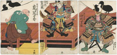 Actors Nakamura Shikan II as Kumagai Naozane, Ichikawa Ebizo V as Minamoto no Yoshitsune, and Arashi Kanjuro I as Yahei Hyoe Munekiyo by Utagawa Kunisada